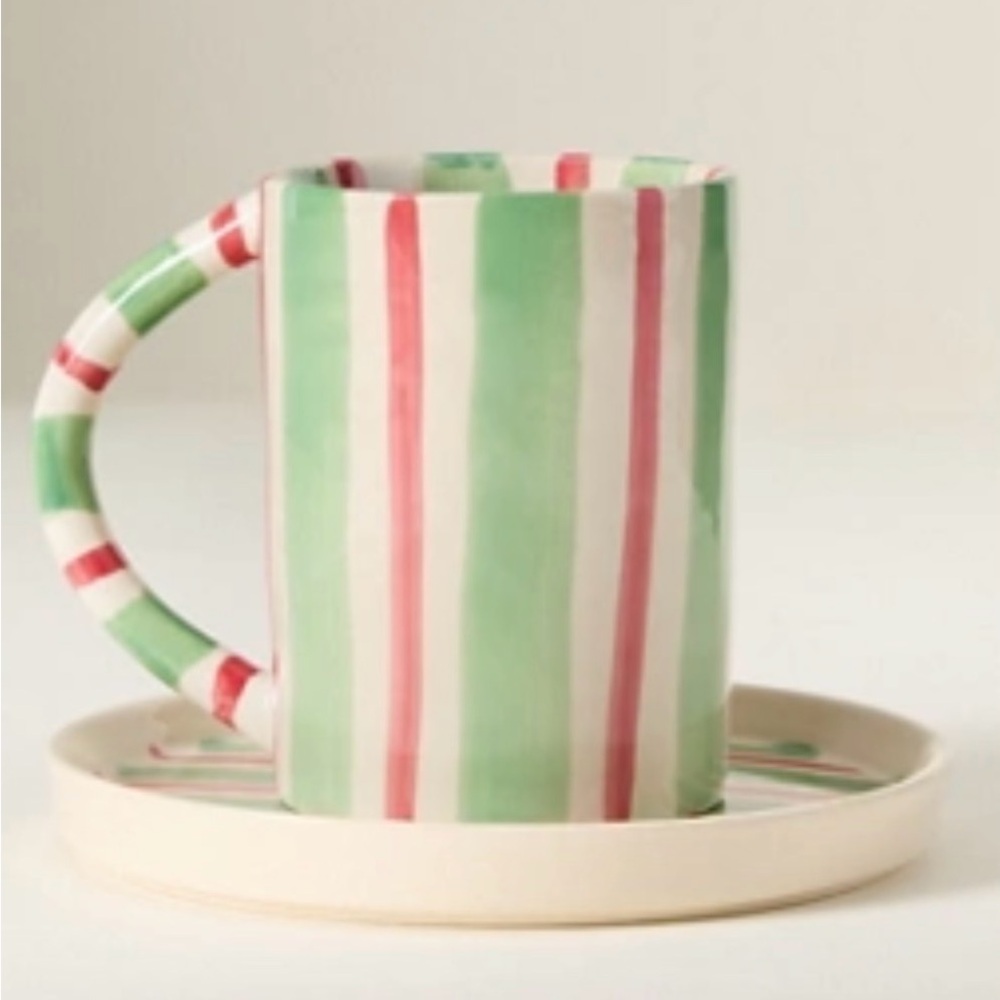 Anthropologie DAILY STRIPE STONEWARE ESPRESSO CUP & SAUCER 100917541 Red/Green